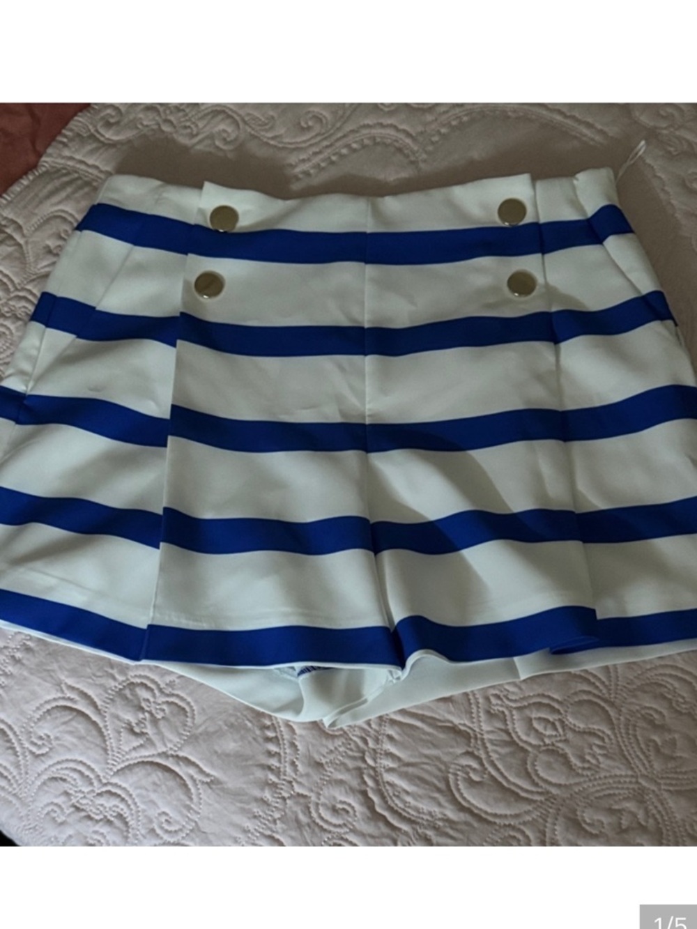 Zara White Shorts with Royal Blue Stripes and Gold Buttons